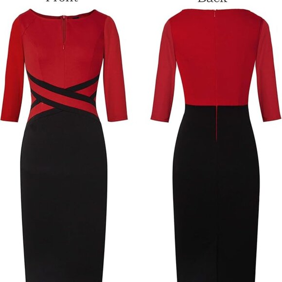 Business Woman Dress Red Black Office Formal Cross Bodycon Stretch XL 14 16 18 - Picture 3 of 11